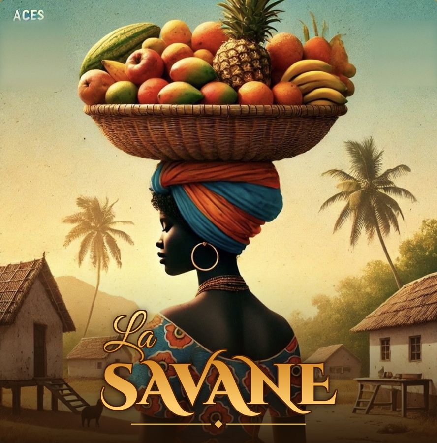 Logo La Savane : une femme porte un grand panier de fruits sur la tête, devant un village au coucher du soleil